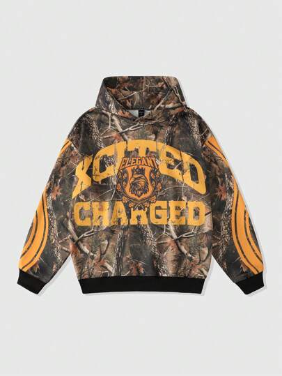 Street Life Men's Loose Fit Tree Branch Camouflage Cropped Hoodie, Streetwear