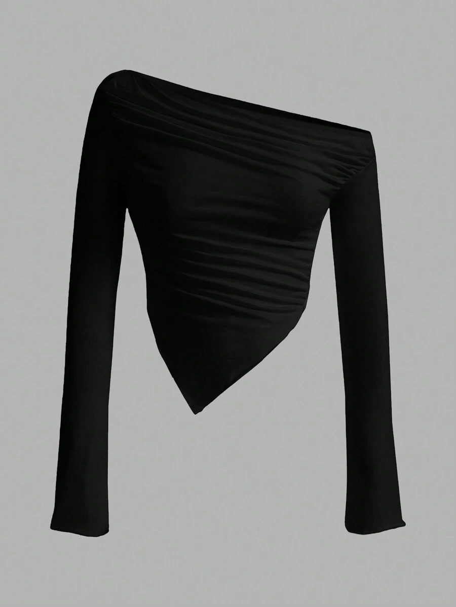 SHEIN Girlism Maglietta a maniche lunghe con orlo asimmetrico semplice e comoda per ragazze adolescenti