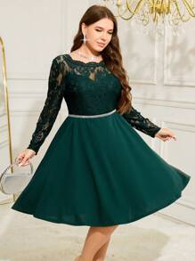 Reflora 大码橄榄绿色蕾丝拼接秋千裙，秋季派对/狂欢节连衣裙 - 綠色 - 查看 3