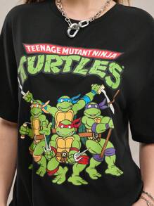 TEENAGE MUTANT NINJA TURTLES | SHEIN Áo phông đen in khẩu hiệu và hoạt hình thường ngày cỡ lớn cho nữ, Áo phông nữ mùa hè mặc dạo phố cho nữ - màu đen - Xem 6