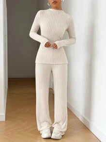 SHEIN EZwear Bộ áo thun cổ lọ tay dài bằng vải nỉ có gân và quần ống đứng - Màu be - Xem 5