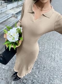 Chiquease 卡其色翻领长袖针织毛衣连衣裙 - 卡其色 - 查看 3