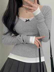 DAZY 女式 V 领蕾丝蝴蝶结拼接拼色 T 恤学院风上衣长袖女式上衣，秋季女装