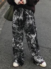 FRIFUL Pantalones casuales para mujer con bolsillo de cordón y estampado completo