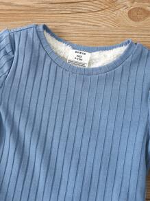 SHEIN 2件套男婴贴身纯色圆领长袖针织保暖睡衣套装，秋冬季 - 淺藍色 - 查看 5