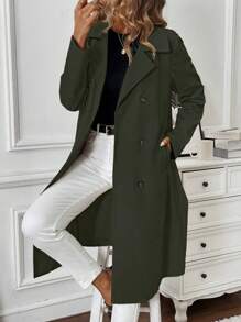Chiquease H 形纯色长袖中长款女式风衣 - 軍綠色 - 查看 1