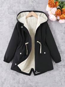 SHEIN Leap Crew Tween Girls Fluffy Lined Hooded Midi Loose Comfy Jacket - Black - View 5