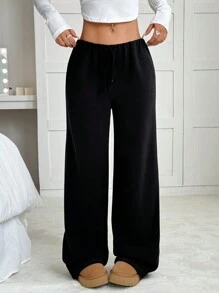 SHEIN EZwear Quần nỉ ống đứng rộng rãi màu trơn buộc eo cho nữ - màu đen - Xem 5