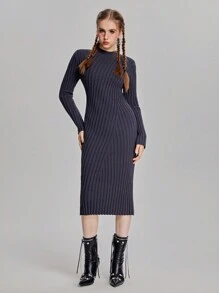 SHEIN Explorewe Teen Girl Solid Color Stand Collar Long Sleeve Sweater Dress - Apricot - View 5