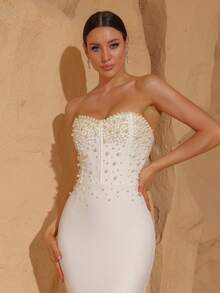 Nuevo vestido de novia blanco con perlas sin tirantes, vestido formal para fiesta de vacaciones, vestido de invitada de boda - Blanco - Ver 7