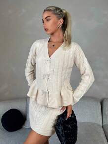 Chiquease 2pcs Women's Solid Color Bow Decor Long Sleeve Ruffle Cardigan And Knitted Midi Skirt Casual Set, Fall/Winter