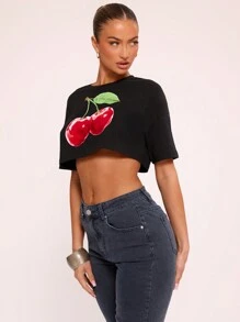 MUSERA 女士樱花印花露脐短袖T恤 秋季图案T恤 - 黑色 - 查看 2