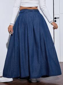 SHEIN ICON Falda de mezclilla plisada de moda informal de talla grande para verano y otoño