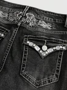 ROMWE Goth 水钻装饰翅膀口袋刺绣喇叭裤腿休闲低腰牛仔裤 - 灰色 - 查看 2