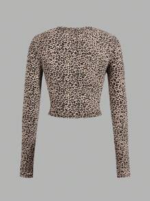 SHEIN Essnce 4pcs/Set Women's Leopard Print & Solid Color Casual Minimal Pattern Round Neck Long Sleeve Slim Cropped T-Shirt Tops - Multicolor - View 10