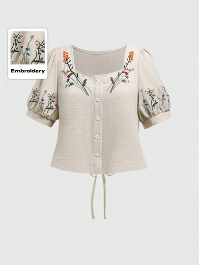 Fairycore Women Cropped A-Line Doll Shirt With Plant Embroidery And Tie