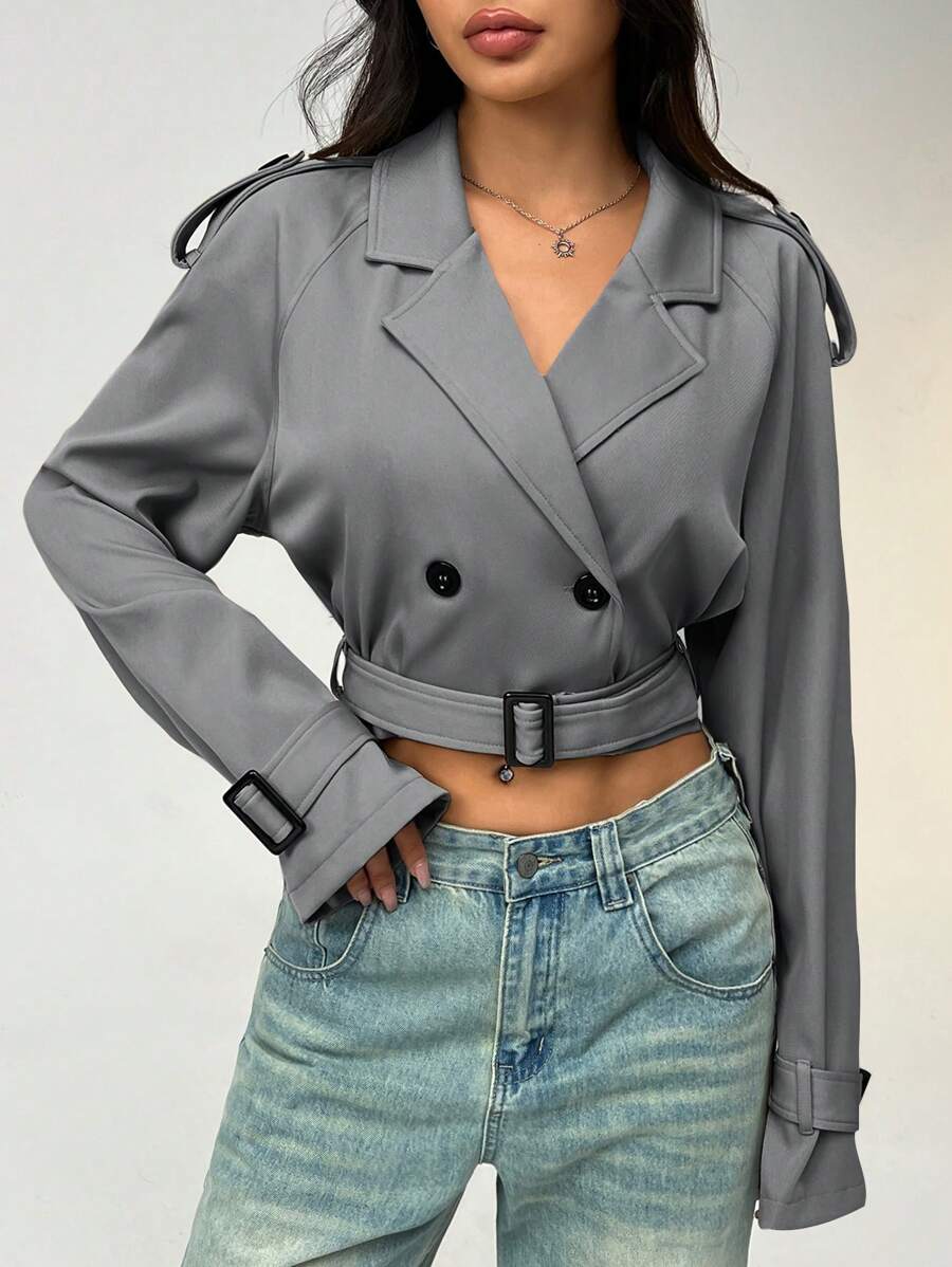 Muchica 女式纯色插肩袖长袖双排扣休闲短款风衣，秋冬 - 灰色 - 查看 1