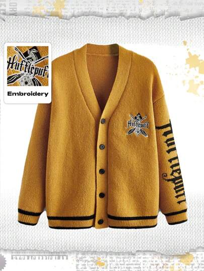 Harry Potter | ROMWE Cardigan con bottoni e ricamo a lettere con spalle cadenti, taglia comoda, per la scuola