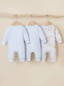 SHEIN 3 件套男婴休闲可爱卡通动物狮子和长颈鹿印花长袖连体裤，秋季