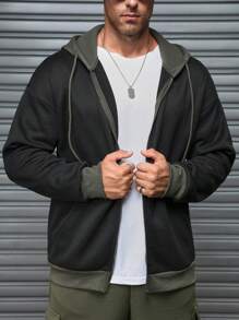 Manfinity Homme Áo hoodie thường ngày có khóa kéo phía trước màu trơn dành cho nam - màu đen - Xem 1