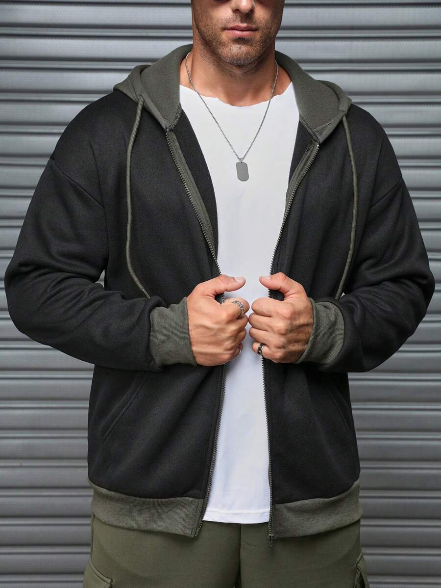 Manfinity Homme Áo hoodie thường ngày có khóa kéo phía trước màu trơn dành cho nam - màu đen - Xem 1