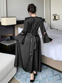 DAZY Sheer Lace Patchwork Charming Long Robe Pajama, Fall - Black - View 2