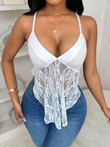 VaVaBold Women's Solid Color Spaghetti Strap Backless Lace Patchwork Casual Blouse