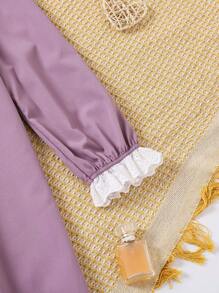 Tween Girls Elegant Lace Trim Long Sleeve Long Nightgown Loungewear - Purple - View 5
