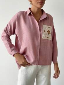 SHEIN PETITE Vacation Casual Crochet Patchwork Long Sleeve Shirt - Multicolor - View 3