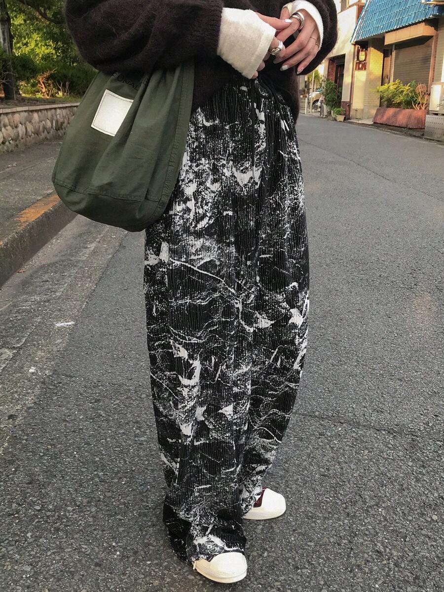 FRIFUL Women's Full Print Drawstring Pocket Casual Pants - Black - View 1