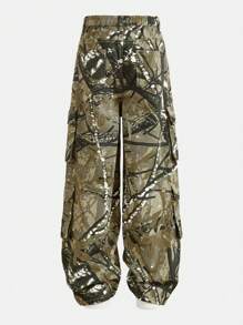 Tween Boy Fashionable American Streetwear Camouflage Straight Leg Loose Fit Multi Pockets Cargo Denim Jeans