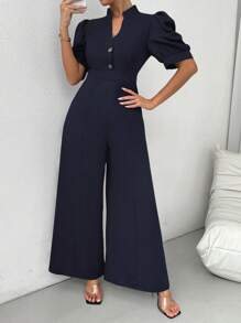 Chiquease Mono de pierna ancha con cuello en V, mangas abullonadas y cintura ceñida para mujer, verano