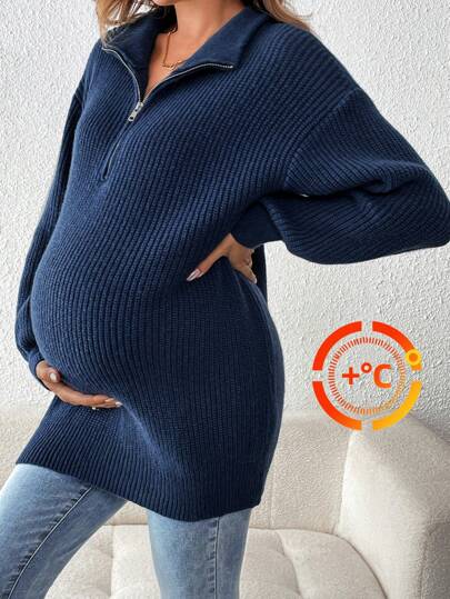 SHEIN 孕妇纯色拉链插肩袖宽松休闲毛衣，秋冬