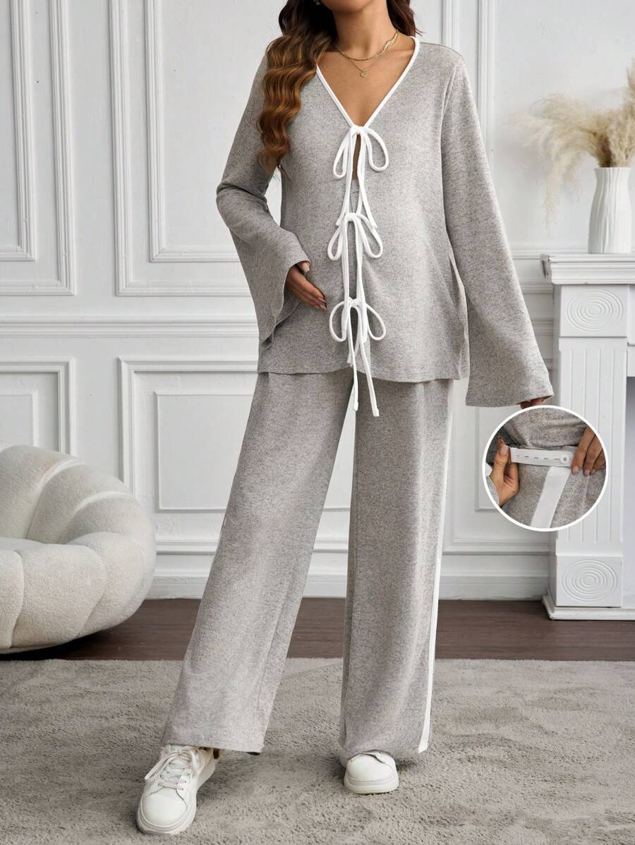 SHEIN 2pcs Maternity Contrast Binding Knot Front Flare Sleeve Top And