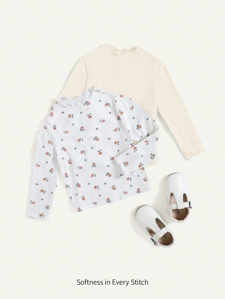 Cozy Pixies 2pcs Baby Girl Floral Pattern Round Neck Ruffle Long Sleeve Top Set - Beige - View 1