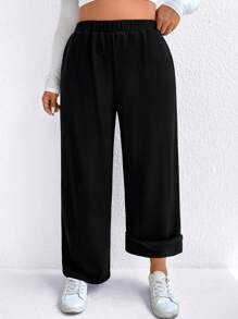 SHEIN LUNE Pantalones informales de talla grande con forro térmico grueso en color negro, para otoño/invierno