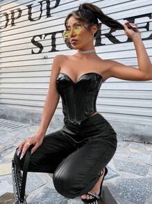 Apperloth A Solid Lace Up PU Leather Corset Top Edgy Sexy Music Festival - Black - View 3