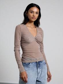 AiiRZ Mesh V-Neck Twisted Front Knot Detail Ruched Long Sleeve Fitted Top - Light Grey - View 1
