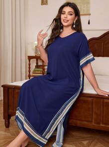 Plus Size Vacation Style Loose V-Neck Geometric Print Chiffon Dress - Navy Blue - View 3