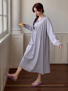 DAZY Lace Trim Ruched Design Sweet Nightgown - Dusty Purple - View 5