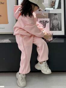 Dazy Kids 2件套女童针织保暖连帽衫和裤子套装，字母刺绣 - 粉色 - 查看 2