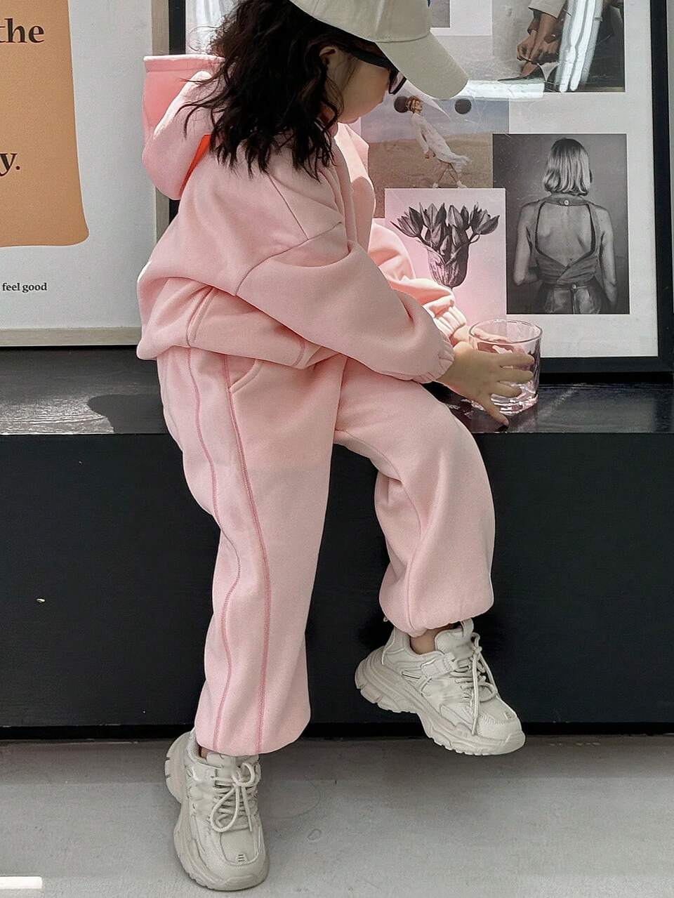 2pcs/Set Young Girls Knitted Thermal Lined Hoodie & Pants Set, Letter Embroidery