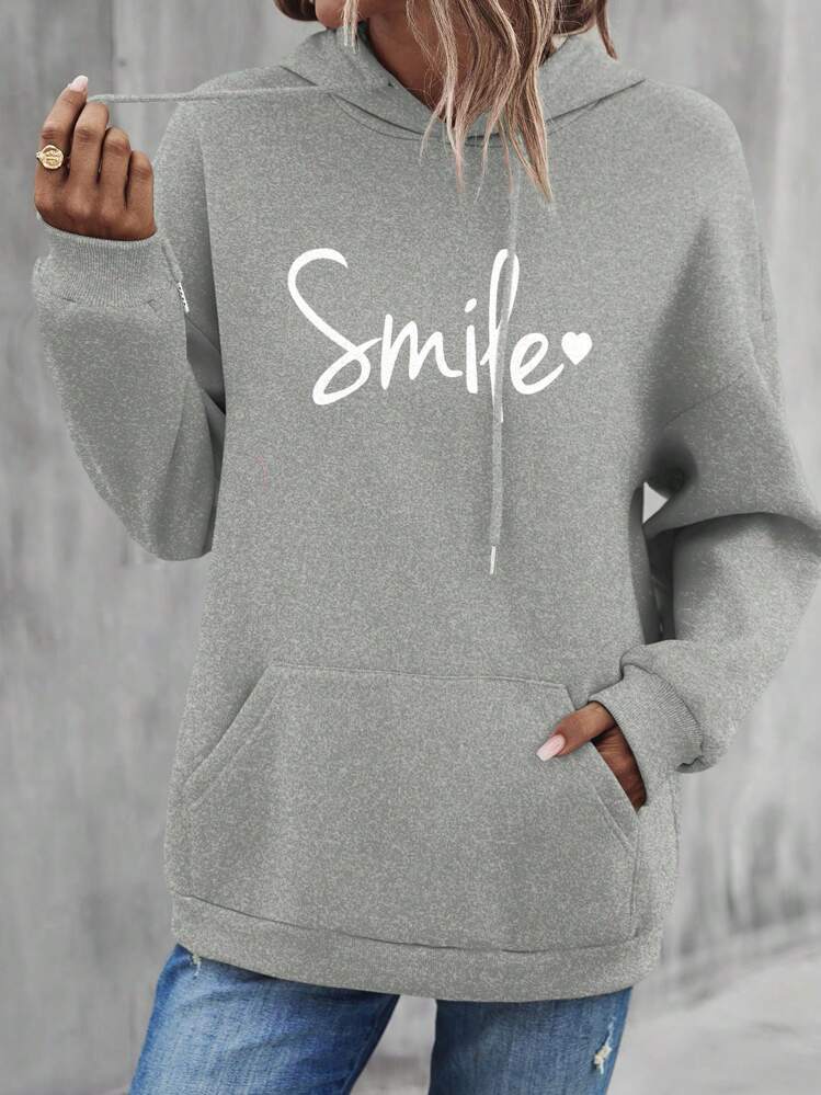 SHEIN LUNE Kvinnor Casual Brev Hjärttryck Tappad axel Lös Känguruficka Dragsko Huvtröja, vår och höst - Grå - Visa 4