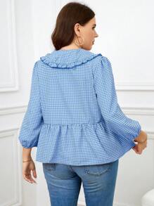 SHEIN Essnce Plus Size Women Plaid Ruffle Collar Button Front Blouse With Bow - Blue - View 11