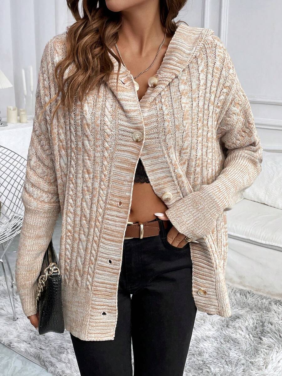 Chiquease Sudadera con capucha de manga larga informal con botones frontales de impresión completa - Caqui - Ver 1