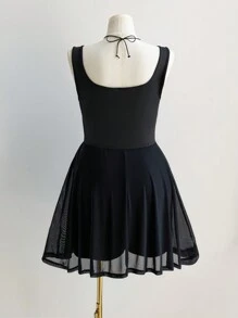 SHEIN EZwear Plus Size Women Casual Sleeveless Top, Black Square Neck, A-Line Ruffled Mesh Hem, Moisture Wicking, Quick Dry, Lightweight, Comfortable, Solid Color Jumpsuit With Pockets, Suitable For Outdoor, Yoga, Fitness