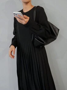 FRIFUL Women's Solid Color Pleated Hem Dress,Fall Clothes Long Sleeve Dress - Black - View 6