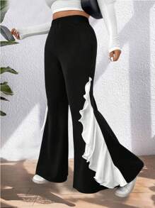 Celure 大码中腰拼布荷叶边下摆宽松阔腿裤，黑白撞色性感女装，冬季 - 黑色 - 查看 5