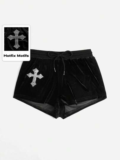 Grunge Punk Cross Rhinestone Velvet Shorts, School
