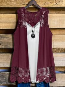 Plus Size Sleeveless Lace Patchwork Jacket, Summer - Burgundy - View 1